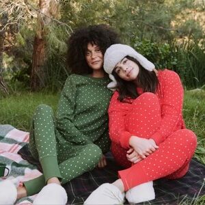 The Great X Eddie Bauer Collab Green Thermal Bottoms w/ white polka dots NWT